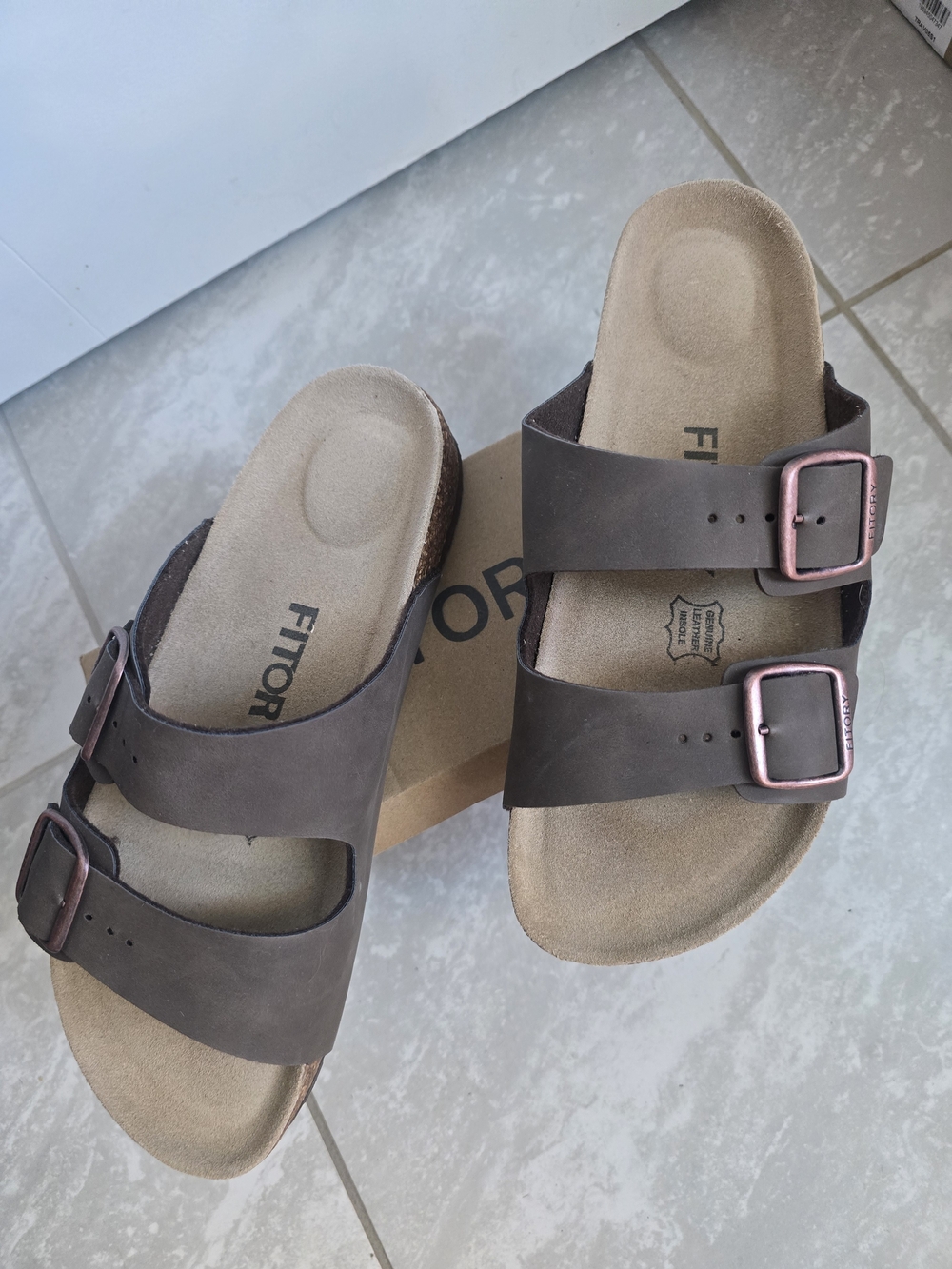 Men's Double-Buckle Slide Sandals in Dark Brown